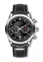 LIGE LIGE 計時碼表男女通用不銹鋼石英手錶，皮革錶帶