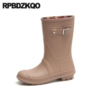 Fishing Rainboots Rain Boots Rubber Women Round Toe Buckle Mid Calf Riding Slip On Equestrian Big Size Metal Jelly Shoes Pvc