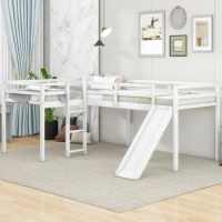 L-Shaped Twin Size Loft Bed with Ladder and Slide, Sturdy Frame, Simple Style, Children Bed for Bedroom, Save Space, White