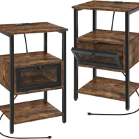 Side Tables with Charging Station and Drawer Set of 2 Night Stands with USB Ports 3 Tier Narrow Bedside Table