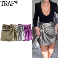 TRAF Women's Skort Knotted Purple Silver Mini Skirt Pants Woman Fashion High Waist Skort For Women Winter Ruched Short Skirts