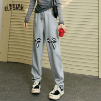 ELFSACK gery drawstring bow printing sporty pants for women 2024 fit in spring casual thin long length wide-leg pants