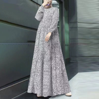 2025 New Muslim Comfortable Casual Polka Dot Long Sleeve Pullover Loose Waist Long Dress