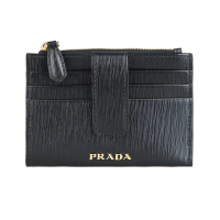 【PRADA 普拉達】PRADA Vitello Move字母LOGO水波紋設計牛皮3卡拉鍊按釦式零錢包(黑)