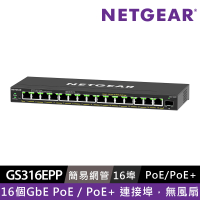 【NETGEAR】16埠 Gigabit 231W PoE供電 商用 金屬殼 網路交換器(GS316EPP)