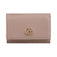 GUCCI 古馳  GG Marmont金色雙G  LOGO設計牛皮4卡三折扣式短夾(粉灰玫瑰)