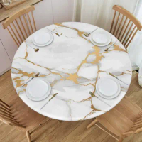 White Marble Print Round Tablecloth Elastic Edged Round Fitted Table Cover Waterproof Table Clothes for Dining Table Outdoor