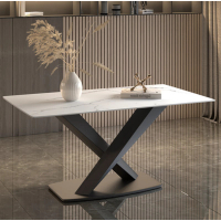 輕奢風簡約長方形岩板餐桌(雪山白/X腿/直邊)(尺寸:80*140CM)