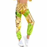 Womens High Waisted Metallic Jogger Pants Disco Color Block Sweatpants Holographic Hip Hop Workout Trousers Club Wear