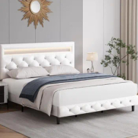 Modern Upholstered Queen Bed Frame with LED Lights, Adjustable Crystal Button Tufted Headboard, White Bed Frame