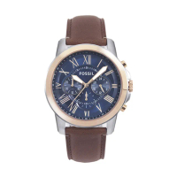 【FOSSIL】皮革錶帶 金+銀雙色 藍錶盤 三眼計時手錶 男錶 情人節(FS5150)