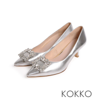 【KOKKO 集團】高級小香風方形鑲鑽飾釦高跟鞋(銀色)