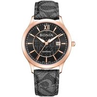 BONIA BNB10877-1533 Grey Dial Black Sapphire Crystal Genuine Leather Men's Watch