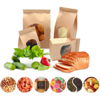 50Pcs Bread Bakery Bags Clear Window Sealing Grease Proof Kraft Paper Bag For Food Snacks Cookie Coffee Kitchen Accessories