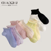 CHAOZHU Summer Spring Breathbale Thin 100% Cotton Ankle Solid Colors Japanese 5 Pairs Women Girl Socks Rolling Top Soft Sock Set