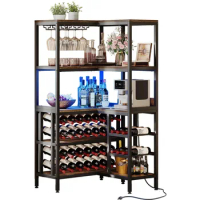 Bottle Rack Large Corner Wine Rack With Led Light &amp; 5-Tier L Shaped Industrial Bar Cabinets For Liquor and Glasses Storage Home