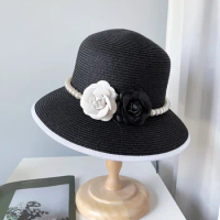 Formal Wide Brim White Black Flower Paper Straw Hat Pearls Band Felt Floppy Ladies Wedding Church Hat Fedora Porkpie Trilby Hat