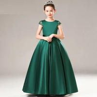Children Evening Elegant Princess Skirt Dark Green Piano Exam Stage Host Performance Flower Girl Dresses