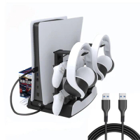 For PS5 Game Console Cooling Fan Base Stand+Dual Controller Charger+Headphone Hanger+Game Disc Rack Storage For Playstation5