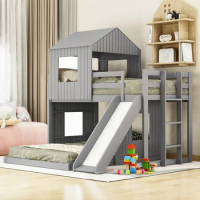 Wooden Twin Over Full Bunk Bed, Loft Bed with Playhouse, Farmhouse, Ladder, Slide and Guardrails, Quality Structure, Gray