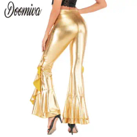 Women's Wet Look Trousers High Waist Bell Trousers Skinny Fit Pants with Flared Disco Ballroom Dance Music Festival Clubwear