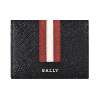 BALLY TALDER銀字LOGO紅白紅條紋牛皮6卡對折卡片名片夾(黑)
