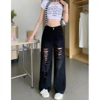 Seluar Jeans Koyak Vintaj, Gaya Jalan Tinggi, Untuk Wanita, Pinggang Tinggi, Seluar Kaki Lebar, Hita