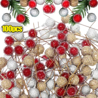 10/100PCS Foam Artificial Berry Christmas Red Gold Fake Berry DIY Xmas Tree Wreath Decor Wedding Party Gift Box Home Decoration