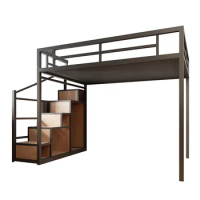 Double-decked second-floor bed, empty wrought iron loft elevated sheets, upper bed, lower table, household adult suspended bed.