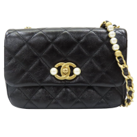 【二手名牌BRAND OFF】CHANEL 香奈兒 黑色 牛皮 珍珠扣環 肩背包