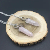 MY0832 Natural Rose Quartzs Spike Point Pendant Necklace,Hearling Pink Crystal Pillar Pendant Necklace with Silver Chain