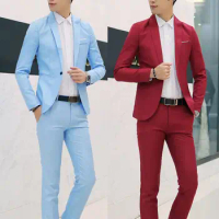 2Pcs Male Wedding Men Suit Business Fashion Solid Color Lapel Button Long Sleeve Slim Blazer Suit Pants Wedding Suits For Men
