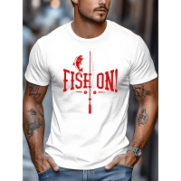 T-shirt Lelaki Santai Outdoor Corak Memancing 'FISH ON!' Putih Merah Oversized