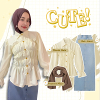 Setelan Wanita 3in1 Nola (Blouse Nola, Rok Jeans, Pashmina Cerutty) Outfit Wanita Cute Pesta