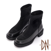 【DN】中筒靴_素面牛皮拼接麂皮粗跟襪套中筒靴(黑)
