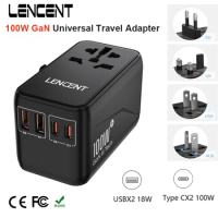 LENCENT 100W GaN Universal Travel Adapter with with 2 QC4.0 USB-A+2 PD3.0 Type-C PPS Fast Charging EU/UK/USA/AUS plug for Travel