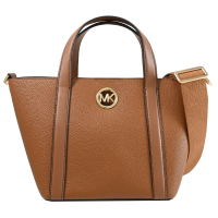 【Michael Kors】簡約圓標MK LOGO皮革寬背帶手提包兩用包(咖)