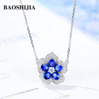 BAOSHIJIA Solid 18K White Gold Flower Sapphires Necklace Pendant Sweet Glittering Real Diamonds Clavicle Chain