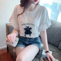 Women's Summer Lace T Shirt 2023 Korean Casual Loose O-Neck Bowknot Lace Puff Sleeve Tops Lady Graceful Pullover