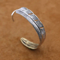 S925 Sterling Silver Jewelry Retro Thai Silver Feather Men And Women Personality Open Ended Japan And South Korea Popular Bangle