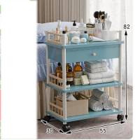 木製儲物小推車置物架（實木升級圍欄美容車3層【帶輪】【北歐藍】） 