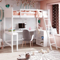Twin size Loft Bed with Shelves and Desk, Wooden Loft Bed with Desk - White