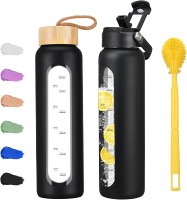 32 oz Glass Water Bottle with 2 Lids-Handle Straw Lid & Bamboo Lid1 Liter Motivataional Tumbler Wate