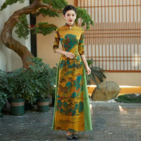 2024 ao dai vietnam traditional qipao dress chinese vintage dress cheongsam oriental elegant flower print banquet evening dress