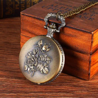 Bronzed bundle of flowers embossed large quartz pocket watch Vintage necklace Chain watch Pocket watch