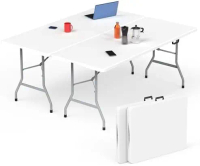 Folding Table - 2 Pcs, 6 ft Portable Camping Table with Handle and Safety Locks, Foldable Plastic Di