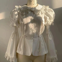 Kemeja Lolita Kawaii Victorian Wanita Gothic Lace Ruffles Rose Peter Pan Collar Blaus Lengan Panjang
