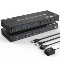 USB 3.0 KVM Switch HDMI 4 Port Support 4K@60Hz RGB 4:4:4, USB Hub HDR EDID HDMI USB Switch 4 in 1 Out and 4 USB 3.0 Port