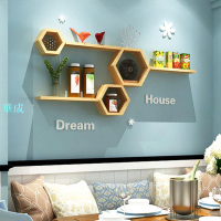 層板實木牆上置物架免打孔餐廳電視背景牆裝飾創意免釘格子臥室牆面壁櫃架