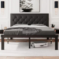 Queen Size Metal Bed Frame with Faux Leather Button Tufted Headboard, Heavy-Duty Platform Bed Frame with 12" Storage, Steel